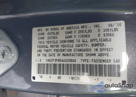 2010 Honda Accord 3.5 Ex-L z USA, uszkodzony, nr VIN 1HGCP3F85AA020846